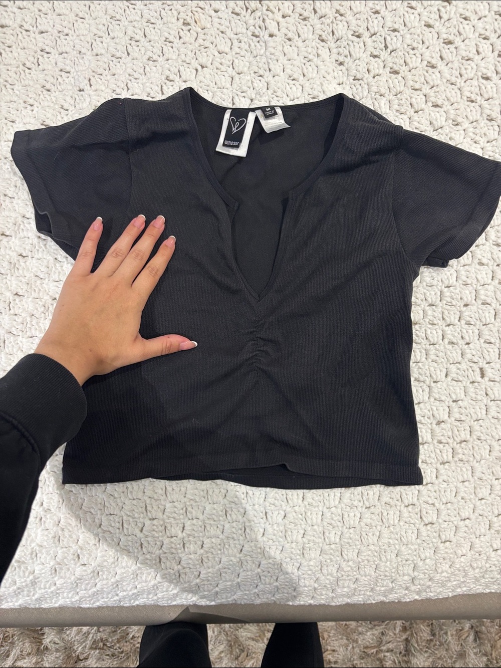 Windsor Black V-Neck Ruched Crop Tee
